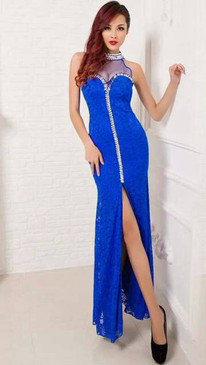 Blue Lace bejeweled mock zipper illusion gown By Atina Collection