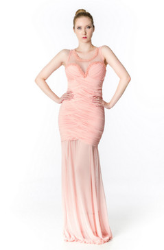 Pink Belle beaded Sheer neckline pleated bodice gown