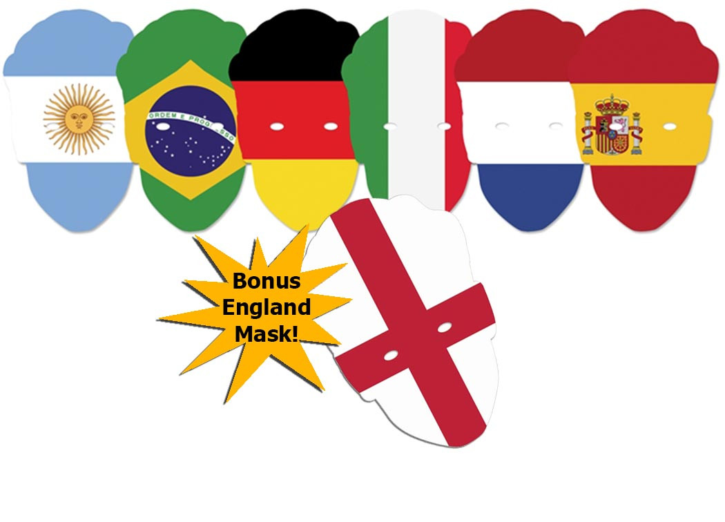 World Cup Football Contenders Flag Masks (6 pack) + Bonus England Flag