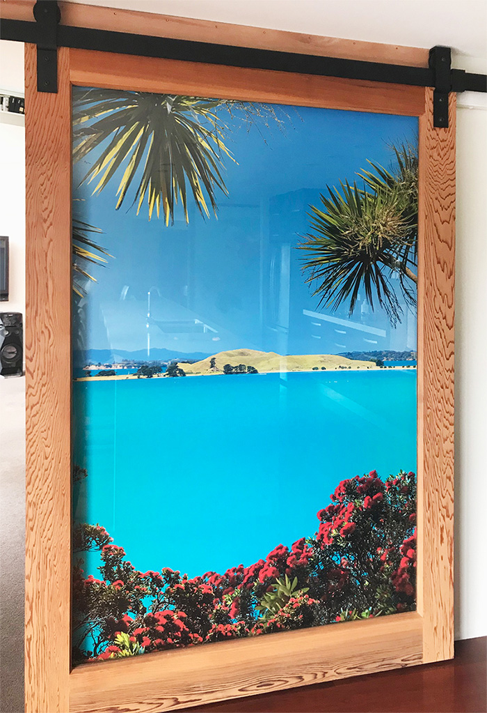 New Zealand landscape photograph large custom printed wallpaper vinyl mural with blue sea and Pohutukawa