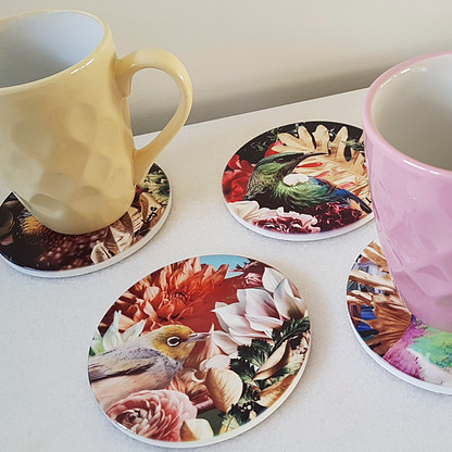 11cm circular ceramic printed coasters with NZ birds & floral background