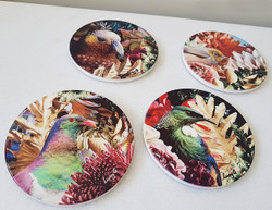 20cm circular ceramic printed wall art tiles with NZ birds & floral background