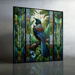 'Fernsong' printed stained glass design NZ Tui glass wall art