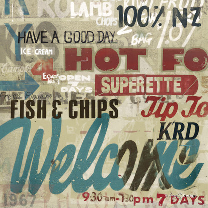 Sign of the Times' - a fun Kiwiana collage featuring Tip Top icecream and fish & chips, NZ art print for sale.