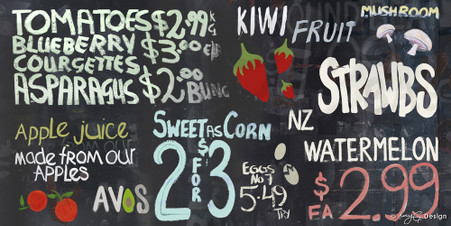 A fun NZ Kiwiana photo art collage on a blackboard featuring fruit & veges, art print for sale.