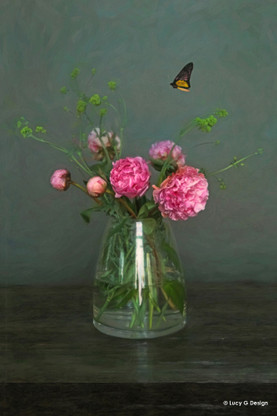 Peony flowers with butterfly, still like photograph /NZ wall art print for sale by Lucy G.