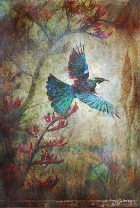 Flying NZ Tui & flax flowers, photo collage art print for sale.