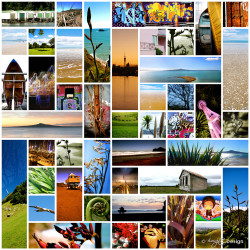 Kiwiana NZ photo art collage print featuring beachscapes, Skytower, flax -art print for sale.