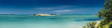 Brown's Island viewed over aqua blue water, landscape photo from St. Heliers, Auckland.