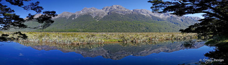 Mirror lakes, Fiordland National Park, NZ - panoramic landscape photo art print for sale