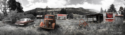 Old derelict shed and cars,  Glenorchy, NZ - panoramic landscape photo art print for sale.