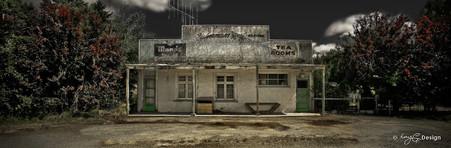 Old derelict tea rooms, Queenstown, Te Anau - panoramic landscape photo art print for sale.