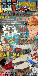 Retro arcade game pop art graffiti collage  featuring Pac Man, Asterix, Sega ... - canvas wall art print for sale