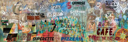 Food themed text & signage canvas wall art collage featuring soda stream, burgers, cafe, mexican - print for sale.