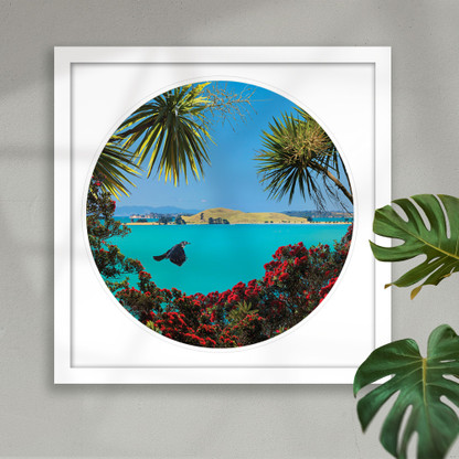 Brown's Island and Pohutukawa circular beach scene - framed art print