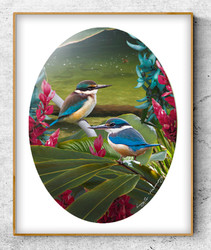 NZ Kingfisher in tropical river setting - oval photo art print / wall art for sale