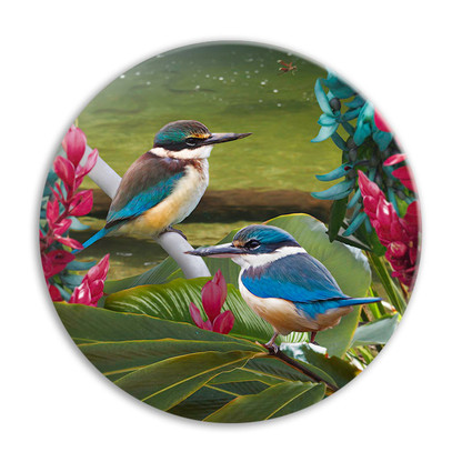 'Harmony'' NZ Kingfisher circular ceramic wall art tile 20cm diameter