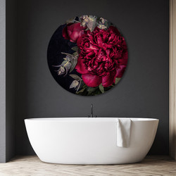 ''Scarlet Peony 1'' circular aluminium bathroom art