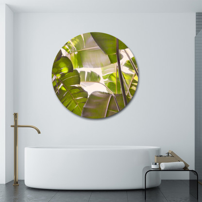 Banana Palm tropical circular bathroom glass / aluminium artwork
