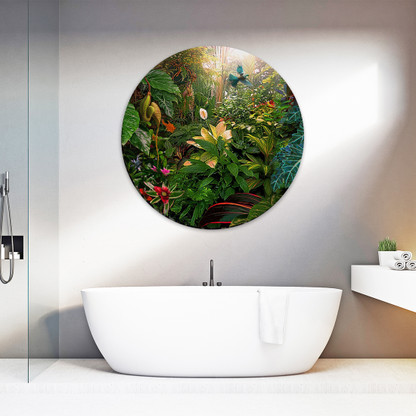 A Tui flies through the Garden of Eden - circular glass or aluminium wall art