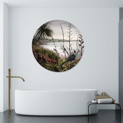 Tui looking out to sea, round glass or aluminium bathroom wall art