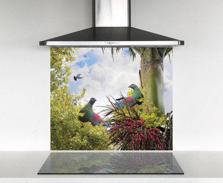 900x750mm DIY glass splashback with 2 NZ Wood Pigeons on Nikau