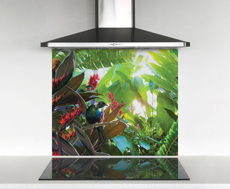 900x750mm DIY glass splashback with Tui bird in tropical garden