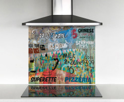 900x750mm DIY glass splashback abstract text / graphic collage