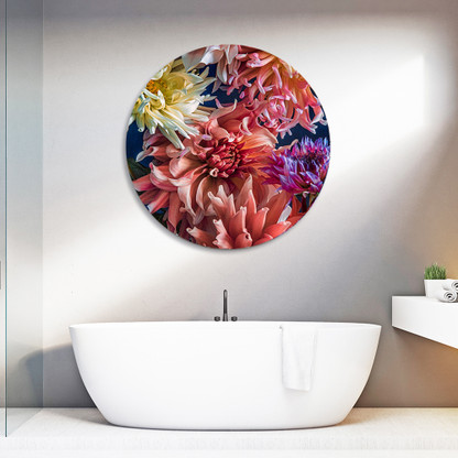 ''Beauty in Bloom'' (DAHLIAS) - circular aluminium bathroom wall art