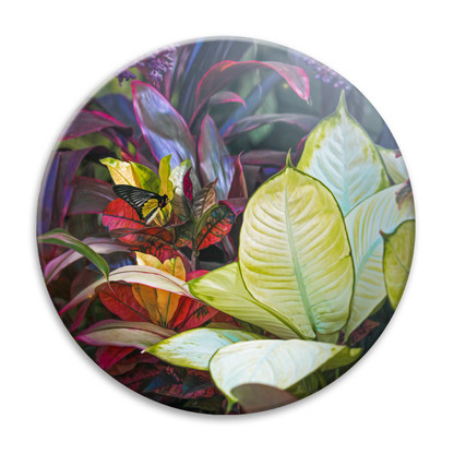 ''Solitude'' tropical plants and butterfly circular ceramic wall art tile