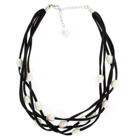Black suede layered necklace with freshwater pearls