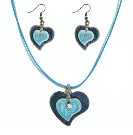 Blue Enamel Heart Set with Necklace and Earrings