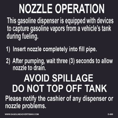 D-695 Fueling Instruction Decal - NOZZLE OPERATION...