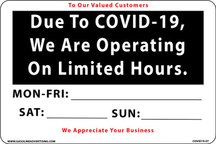 CORONAVIRUS (COVID-19) - Operating Hours Decal 6" W x 4" H