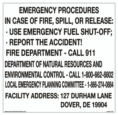 CAS21-036 - 12"W x 12"H IN CASE OF FIRE, SPILL, OR RELEASE Aluminum Sign
