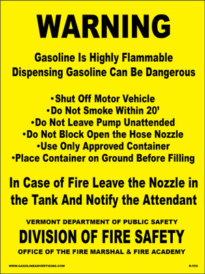 D-556 Vermont Fueling Decal - WARNING...