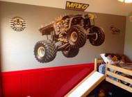 Aluminum red diamond plate used in monster truck motif in child's room. CutsMetal is the leader of online cosmetic diamond plate and stainless steel sales.