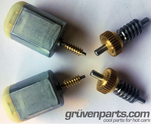 GruvenParts Replacement High Torque Motors and Strengthened Brass Spur Gears Pre-Mounted to New Steel Main Shafts for GM Vehicles with Power Folding Mirrors.  2 Sets Shown (enough for both mirrors)