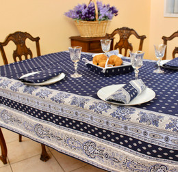 Marat Avignon Bastide Navy French Tablecloth 155x300cm 10Seats Made in France