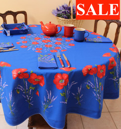 POPPY Blue French Tablecloth Round 180cm Made in France