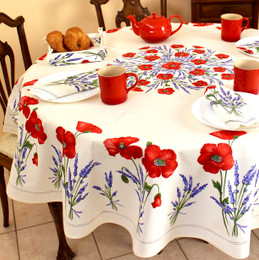 Poppy Ecru French Tablecloth Round 180cm COATED Made in France