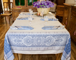 Vaucluse Blue Jacquard French Tablecloth 160x300cm 10seats Made in France