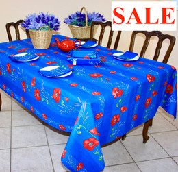 Poppy Blue/Linear French Tablecloth 155x250cm 8seats Made in France