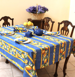 Lemon Blue Linear French Tablecloth 155x250cm 8seats COATED Made in France