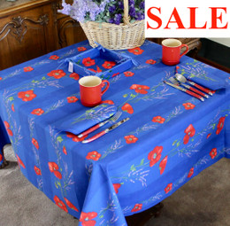 Poppy Blue Square Tablecloth 150x150cm COATED Made in France
