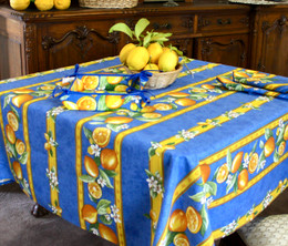 Lemon Blue Square Tablecloth 150x150cm COATED Made in France