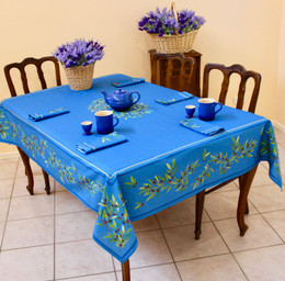Nyons BlueFrench Tablecloth 155x300cm 10Seats COATED Made in France