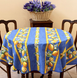 Lemon Blue French Tablecloth Round150cm diameter COATED Made in France