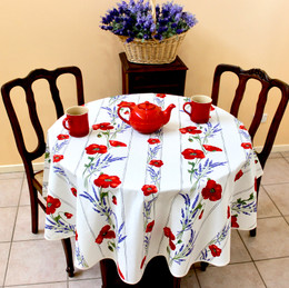 Poppy Ecru French Tablecloth Round150cm diameter COATED Made in France