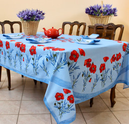 Poppy Lighy Blue French Tablecloth 155x250cm 8seats COATED Made in France